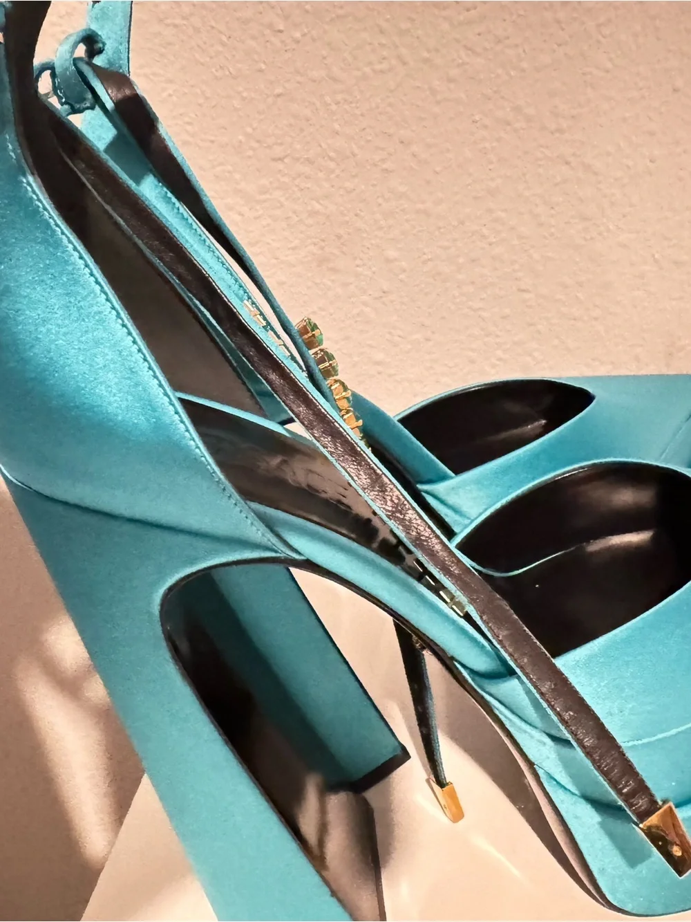 Versace Turquoise Satin Pointed Platform Ankle Strap Pumps
